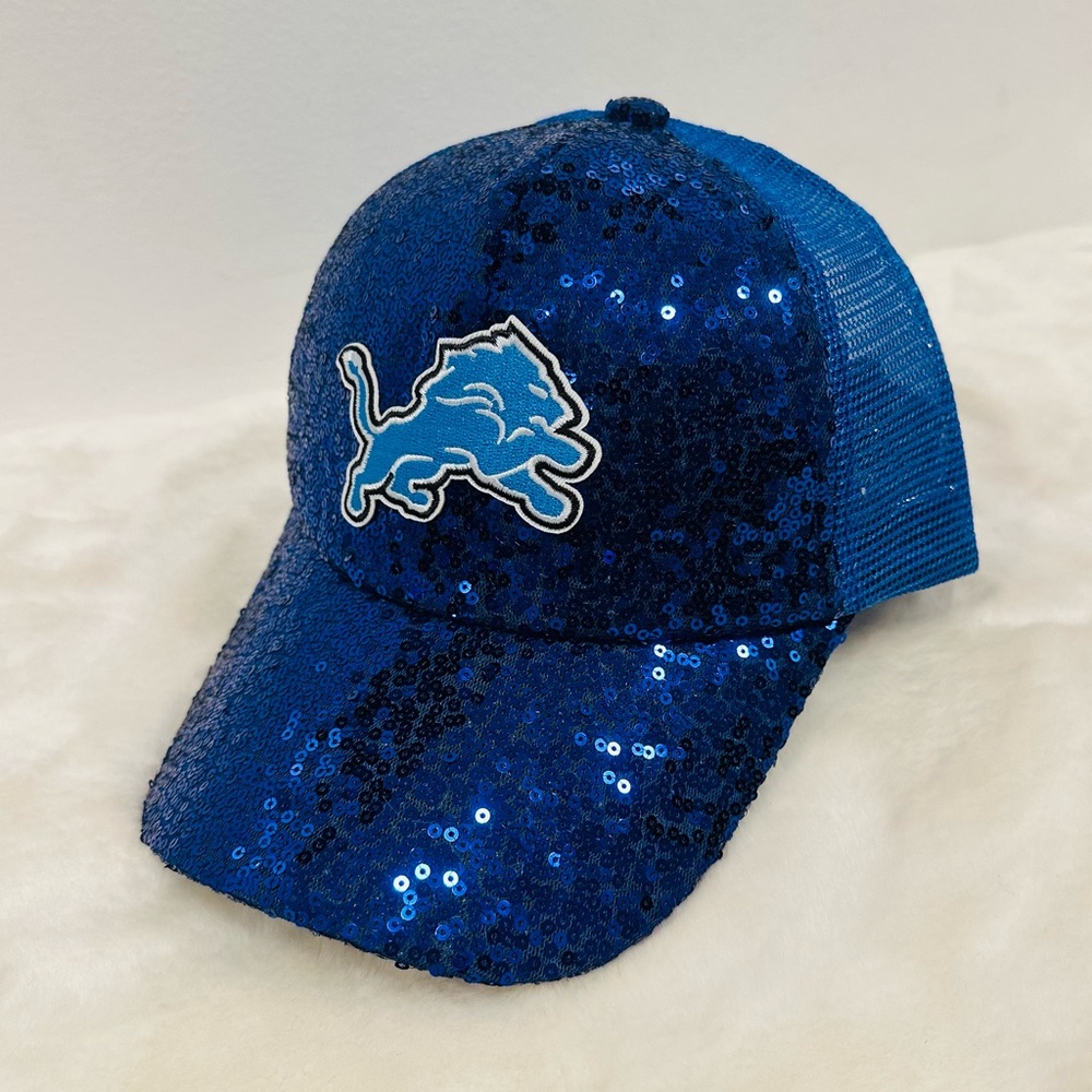 Detroit Lions Blue Sequin Baseball trucker hat, adjustable Cap!